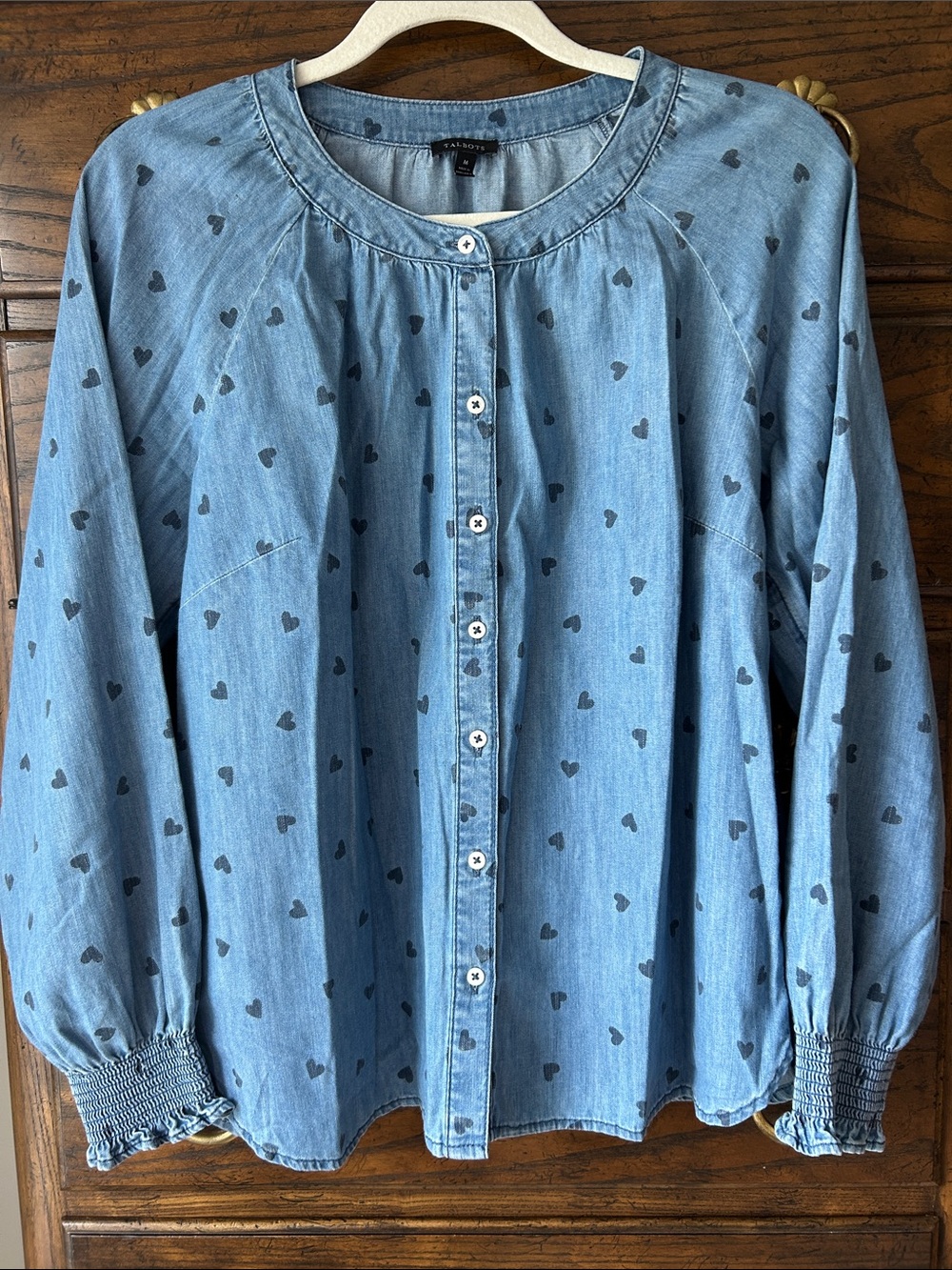 Talbots Light Blue Denim Button-Front Shirt with Heart Print, Size M